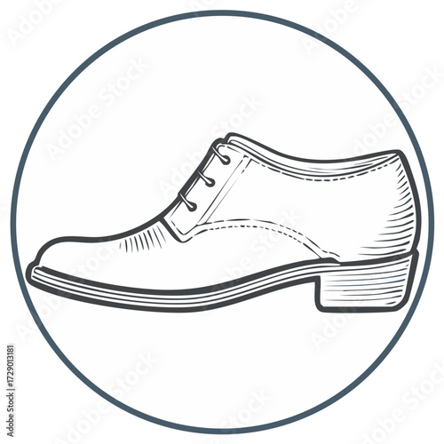 Vintage style men's footwear icon detailed outline drawing of a dress shoe in a circular design element
