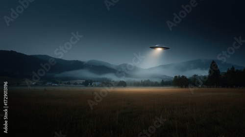 UFO Hovering Over a Rural Landscape at Dusk