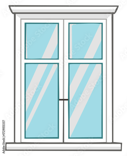 White window with light blue panes creates an airy ambiance, highlighting classic design and transparent glass elements for a bright atmosphere.