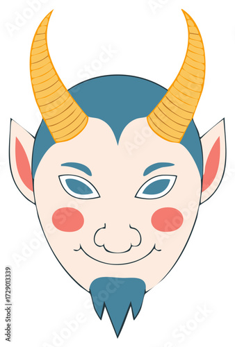 Vector illustration of a smiling devil or demon mask with horns. Cartoon mythological creature for fantasy or Halloween.