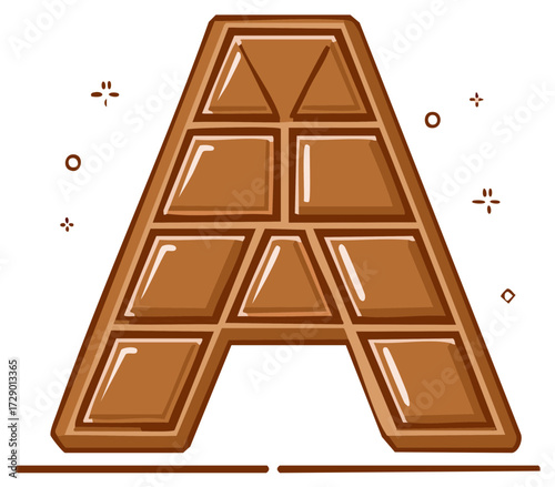 Chocolate candy letter A illustration, chocolate bar blocks, sweet treats design isolated on white