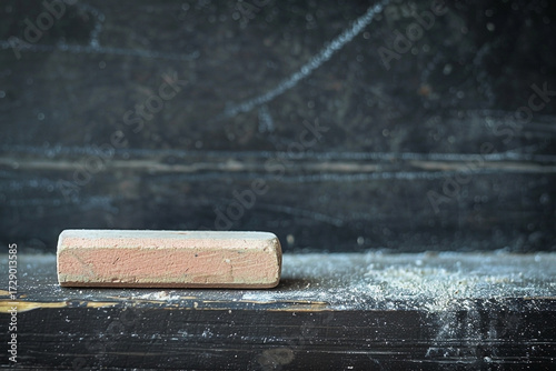 A single piece of chalk resting on a dusty blackboard surface in a classroom background, ideal for