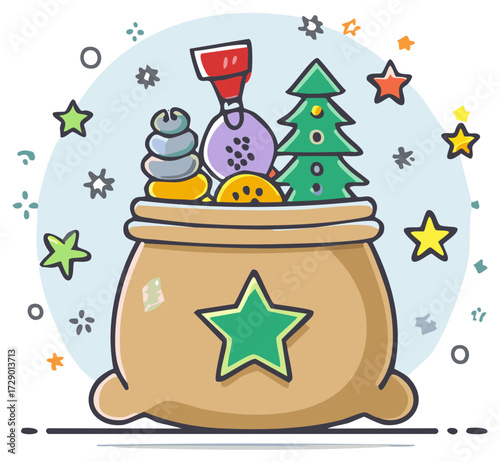 Festive gift sack overflowing with colorful children's toys and sparkling holiday stars celebration