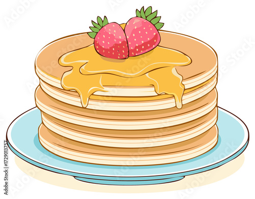 Stack of Pancakes with Strawberries and Honey Syrup, Sweet Breakfast Illustration