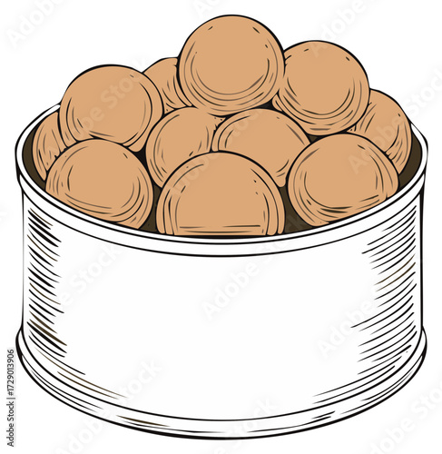 Canned Goods Drawing, Spherical Food Objects, Simple Rustic, White Container Illustration