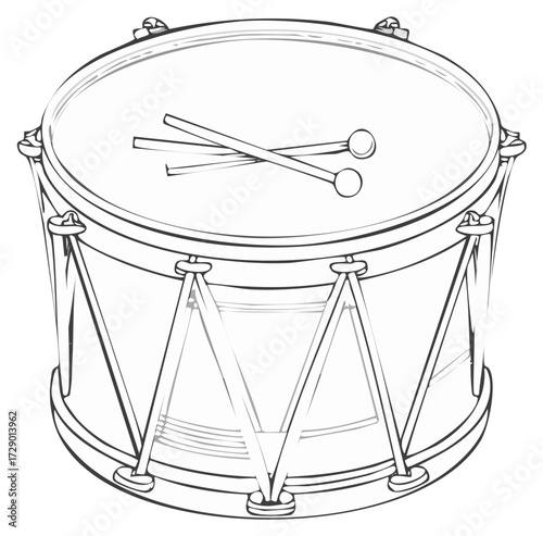 Line drawing of a marching band drum with crossed drumsticks on top