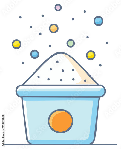 Container of laundry detergent with colorful bubbles representing freshness and cleanliness
