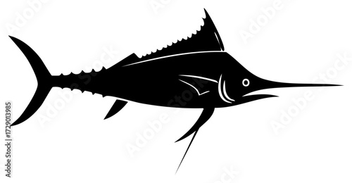 A solitary black marlin is swimming, a minimalist silhouette with a long bill, distinctive dorsal fin, and pronounced tail