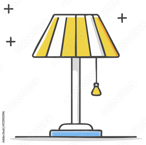 Yellow and white striped floor lamp with a decorative pull chain and subtle light effects