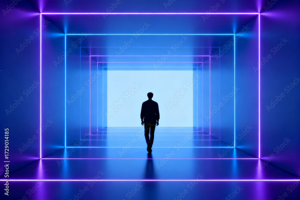 Fototapeta premium Silhouette of a person walking through a futuristic neon-lit tunnel with glowing blue and purple lights