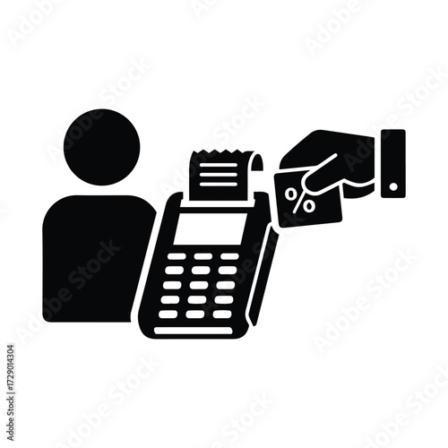 Customer paying with credit card at point of sale terminal with receipt symbol and discount icon