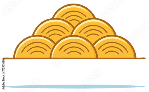 Cartoon illustration of seven golden mooncakes stacked atop each other and ready to serve