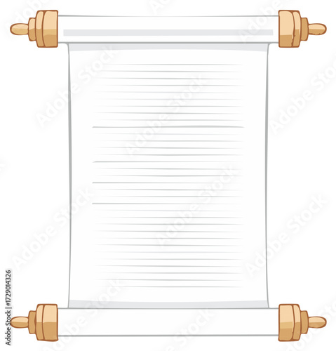 Unfurled blank paper scroll with wooden handles and faint lines ready for custom text or message