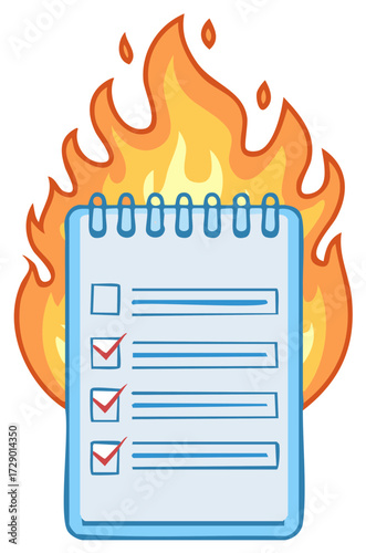 Cartoon notepad with checklist on fire, concept of urgent tasks or burning issues