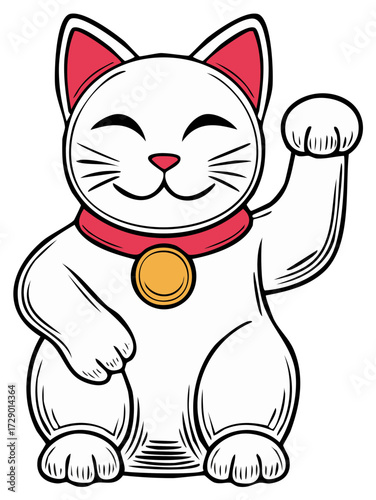 Traditional Japanese lucky cat Maneki Neko smiling and waving paw bringing good fortune prosperity