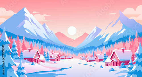 Winter village background with copy space A serene landscape with snow-covered houses and majestic mountains