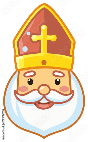 Smiling Saint Nicholas cartoon character face with bishop hat and beard