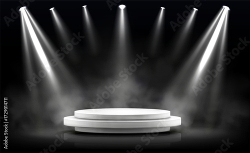 Round podium, empty stage illuminated by spotlight