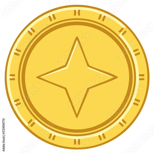 Shiny golden coin icon featuring a distinctive four point star design element