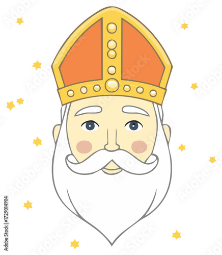 Saint Nicholas cartoon portrait with mitre and stars for Christmas and winter celebrations.