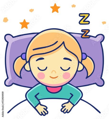 Cute Cartoon Girl Sleeping Peacefully on Purple Pillow with Stars and Sleep Zs