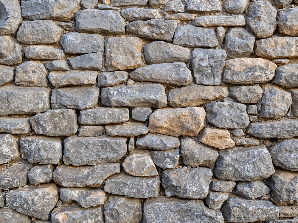 Obraz premium A background of a rustic dry-stack stone wall. Weathered grey and brown rocks form a solid, ancient pattern.