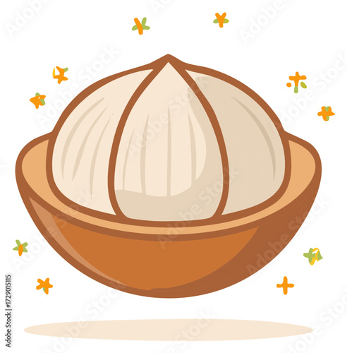 Hand drawn half Hazelnut illustration with stars elements around isolated for advertising or design, food nut concept
