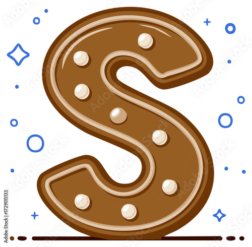 Decorative Gingerbread Letter S, Brown Icing Border, Cream Candy Accents, and Blue Geometric Shapes Scattered around It