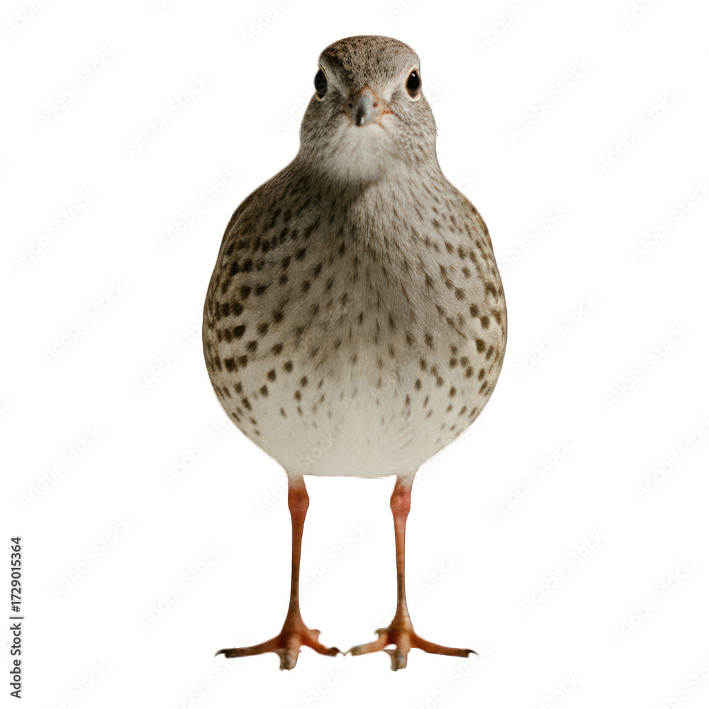 Obraz premium Close-up of a plump, light-brown bird, facing forward. Its body is speckled with darker spots. Short legs and feet are visible