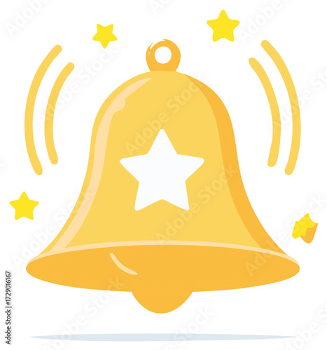 Golden ringing bell with star and vibration effects. Festive notification sign icon. Holiday announcement concept