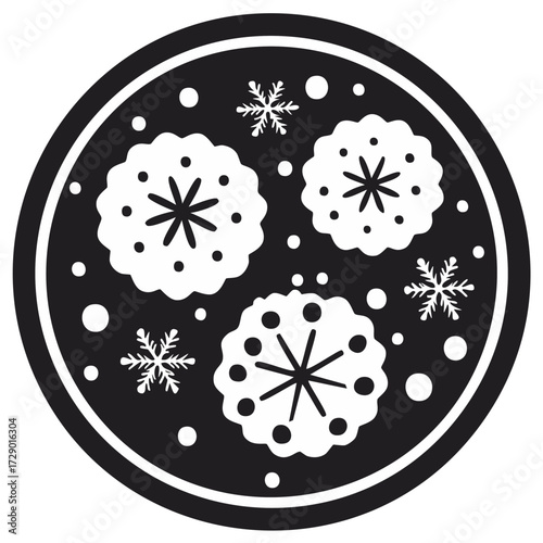 Stylized Snowflakes and Dots Arranged in a Circle Pattern