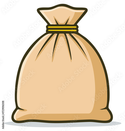 Simple illustration of a beige drawstring bag tied with a yellow and black cord