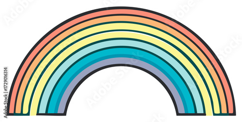 Colorful rainbow arc with multiple bands of light colors against a white backdrop