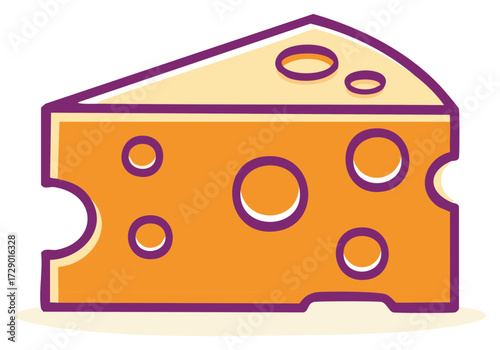 Bright vector illustration of a yellow cheese wedge with distinctive holes outlined in purple