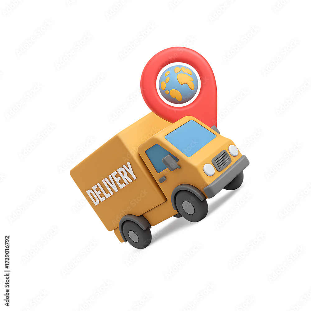 Naklejka premium Global Delivery Service Truck with Location Pin for Tracking Worldwide Shipping and Logistics Company Promotion
