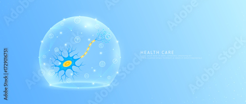 Medical health care. Nerve cell human model in dome transparent shield protection with medical network icons. Technology innovation digital for health. Banner vector.