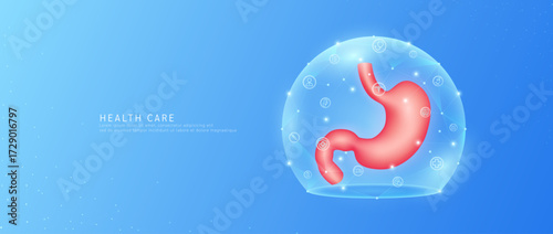 Medical health care. Stomach organ human model in dome transparent shield protection with medical network icons. Technology innovation digital for health. Banner vector.