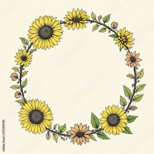 Decorative Sunflower Wreath with Yellow and Brown Flowers in Artistic Style
