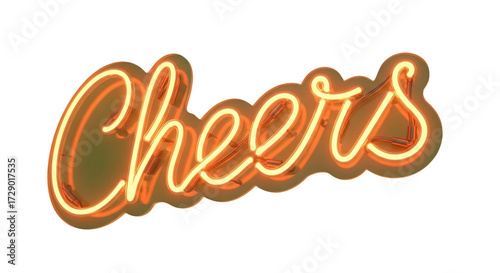 Bright neon 'Cheers' sign glowing with warm amber light, perfect for celebratory events, parties, and festive atmospheres