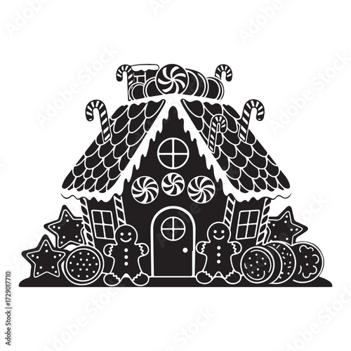 Gingerbread House with Cookies and Gingerbread Men Silhouette Vector Illustration