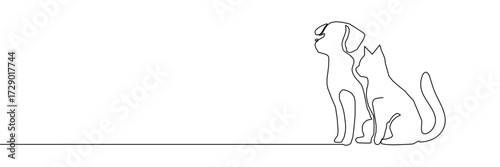 Dog cat line pet art logo animal outline puppy continuous illustration. Sketch dog cat line icon vector love doodle silhouette paw drawing kitten background linear design one sit graphic stroke vet