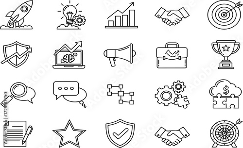 Business icons, productivity symbols, technology vector set, startup graphics, innovation tools, black and white, minimal design, success elements, strategy illustrations, AI concepts