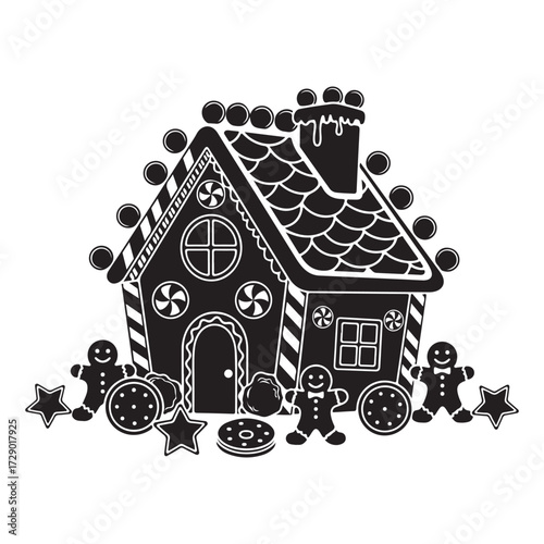 Gingerbread House with Cookies and Gingerbread Men Silhouette Vector Illustration