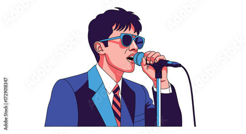 Singer with Shades: Bold Pop Art Illustration of Performer at Microphone Singing with Energy and Passion in Retro Inspired Design