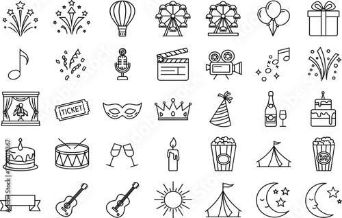 Celebration icons, black and white vector, party symbols, entertainment elements, outline pack, scalable set, festive design assets, event UI