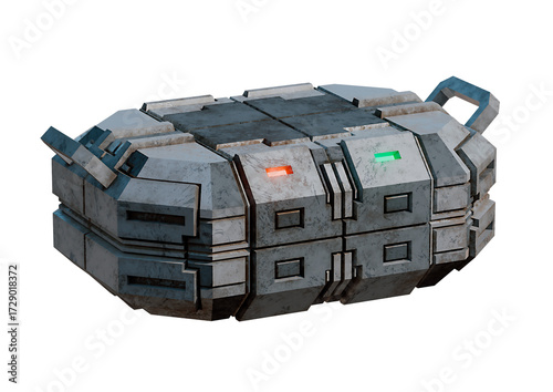 Hi-tech futuristic sci-fi container isolated on white background. concept of storage military equipment and games asset