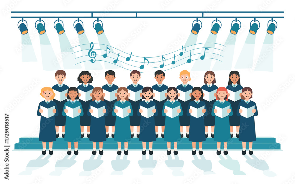 Youth Choir Singing Under Spotlights: Vector Illustration of Students in Uniforms Performing Musical Numbers for Cultural Events and School Concerts on Stage.