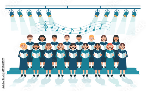 Youth Choir Singing Under Spotlights: Vector Illustration of Students in Uniforms Performing Musical Numbers for Cultural Events and School Concerts on Stage.
