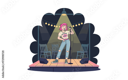 Girl Singer on Stage with Microphone Under Spotlight, Cartoon Illustration of a Modern Pop Singer with Pink Hair and Casual Outfit Performing