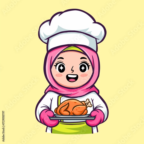 Cute and cheerful cartoon illustration of a Muslim girl chef wearing a hijab and chef hat, happily presenting a roasted chicken on a tray. This image is excellent for food, restaurant